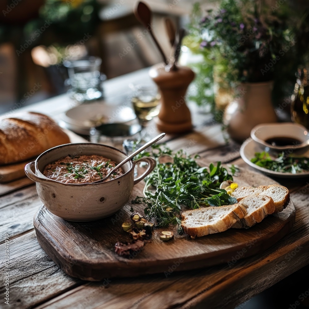 Rustic presentation of bread pate and salad on wood board for food blog styled shoot Rustic presentation of bread pate and salad on wood board for food blog styled shoot