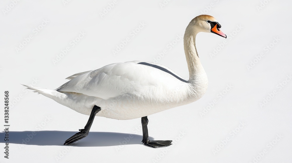 Fototapeta premium Elegant White Swan Walking Gracefully on Smooth White Surface