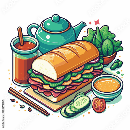 bread, baguette, meal, meat, fresh, food, background, cucumber, carrot, lunch, cuisine, coriander, sandwich, asian, traditional, vietnamese, pork, vietnam, sliced, closeup, cilantro, vegetable, street