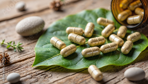 Herbal capsules arranged on a green leaf, natural remedies concept