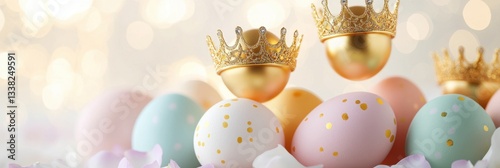 Colorful Easter Eggs With Crowns On Soft Floral Bed