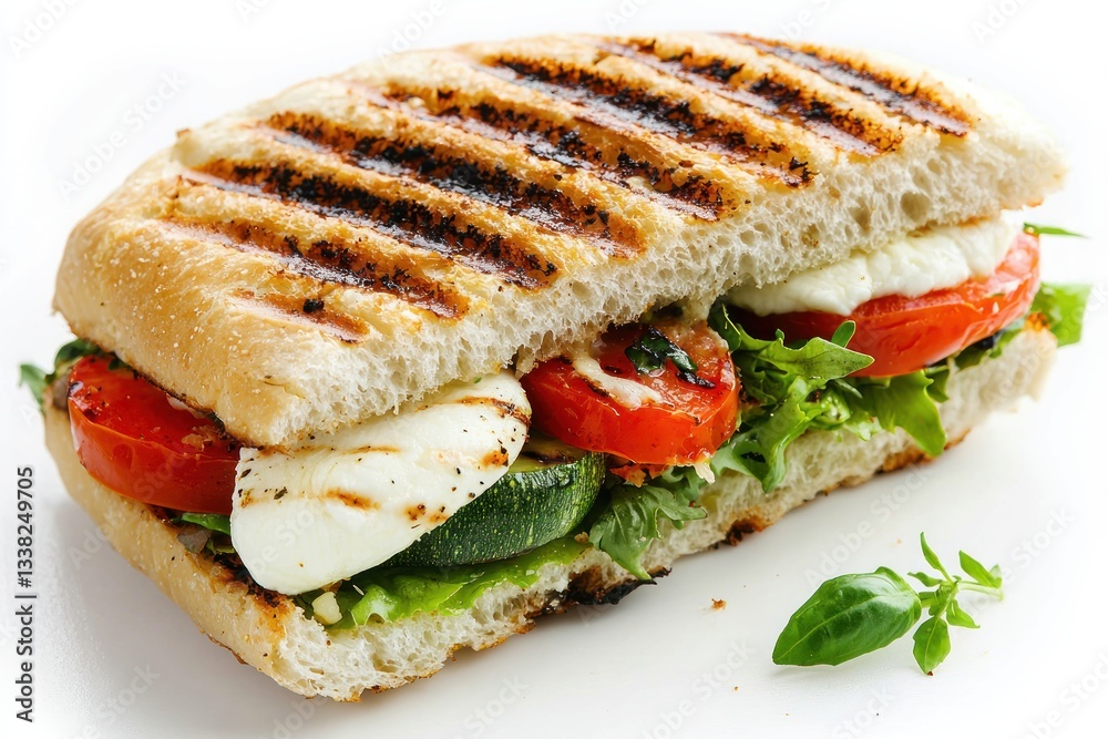 Delicious vegetarian panini with fresh mozzarella tomato zucchini and basil appetizing close up shot italian food Delicious vegetarian panini with fresh mozzarella tomato zucchini and basil appetizing close up shot italian food