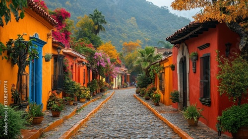 Colorful Colonial Streets in a Tranquil Mexican Town. Generative AI