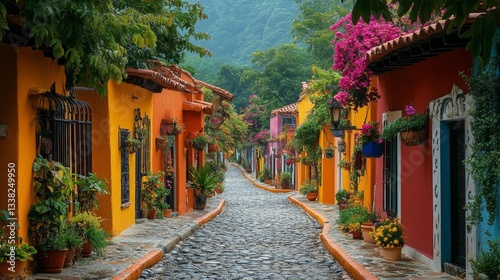 Colorful Streets of a Mexican Colonial Town. Generative AI