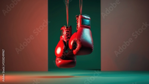 Boxing gloves suspended by laces against a backdrop.