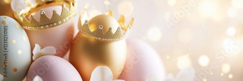Golden Crowned Eggs With Soft Pastel Bokeh Background.