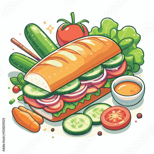 bread, baguette, meal, meat, fresh, food, background, cucumber, carrot, lunch, cuisine, coriander, sandwich, asian, traditional, vietnamese, pork, vietnam, sliced, closeup, cilantro, vegetable, street