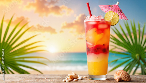 Colorful fruit cocktail with umbrella at tropical beach sunset, luxury photo