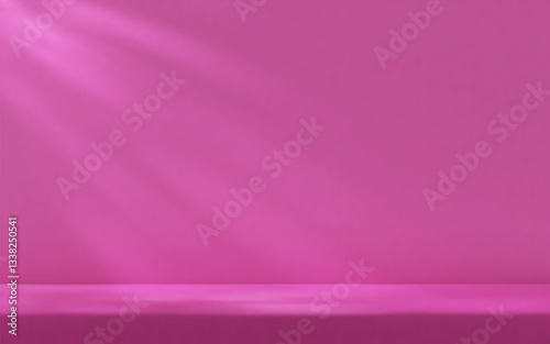 Pink studio room wall, illuminated by sunlight through foliage with tabletop. Product presentation template.