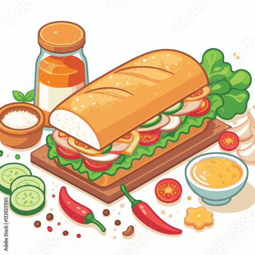 bread, baguette, meal, meat, fresh, food, background, cucumber, carrot, lunch, cuisine, coriander, sandwich, asian, traditional, vietnamese, pork, vietnam, sliced, closeup, cilantro, vegetable, street
