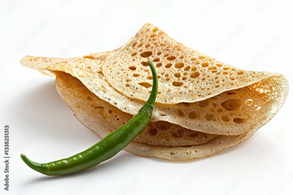 Fototapeta premium Three crispy lace pancakes stacked next to a fresh green chili in bright studio light food photography