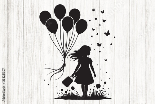 Girl Holding Balloons Silhouette Set