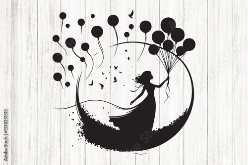 Girl Holding Balloons Silhouette Set
