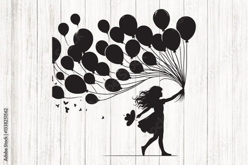 Girl Holding Balloons Silhouette Set