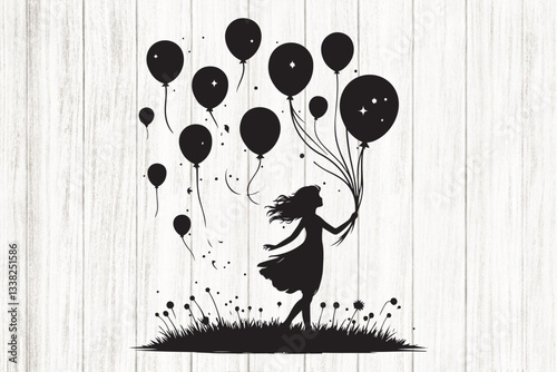 Girl Holding Balloons Silhouette Set