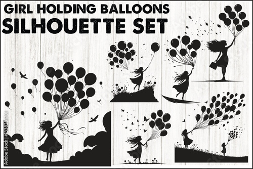 Girl Holding Balloons Silhouette Set