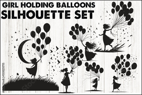 Girl Holding Balloons Silhouette Set