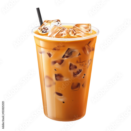 Realistic Iced Thai Milk Tea in Transparent Plastic Cup with Ice, Isolated on transparent background 