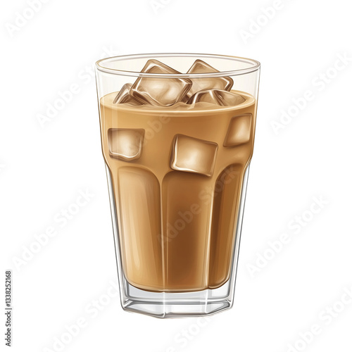 Realistic Iced Coffee in Glass with Ice Cubes, Isolated on transparent background 