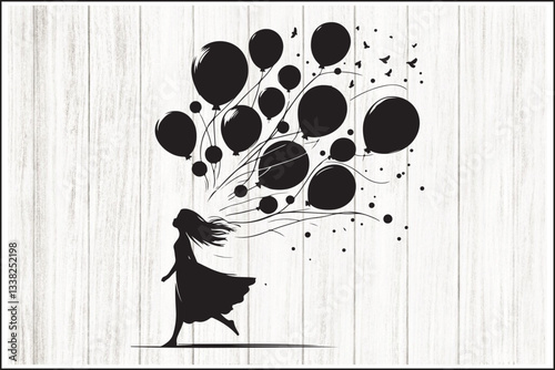 Girl Holding Balloons Silhouette Set