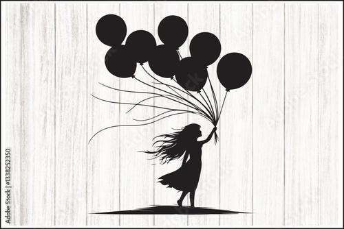 Girl Holding Balloons Silhouette Set