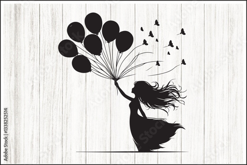 Girl Holding Balloons Silhouette Set