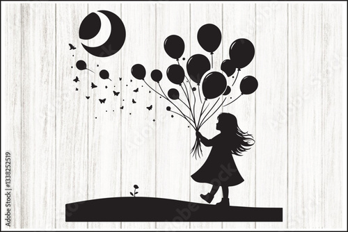 Girl Holding Balloons Silhouette Set