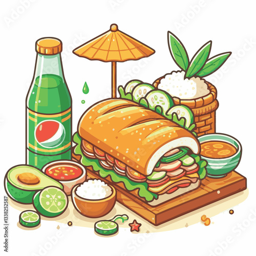bread, baguette, meal, meat, fresh, food, background, cucumber, carrot, lunch, cuisine, coriander, sandwich, asian, traditional, vietnamese, pork, vietnam, sliced, closeup, cilantro, vegetable, street