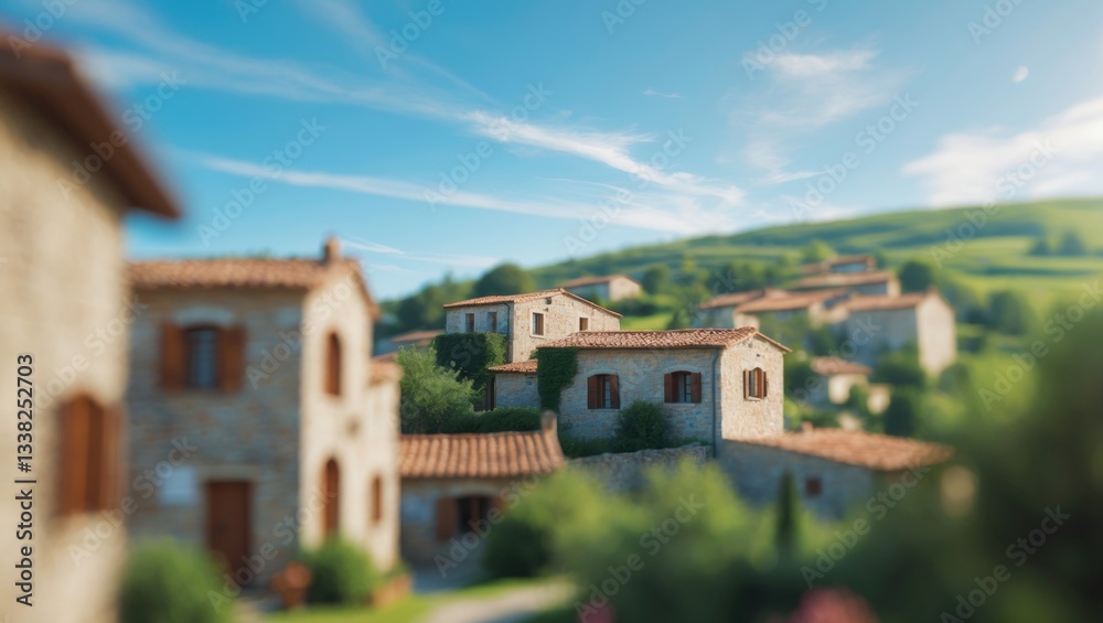 Obraz premium Blurred perspective of a village featuring defocused stone houses and green hills beneath a bright blue sky.