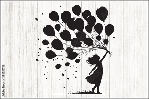 Girl Holding Balloons Silhouette Set
