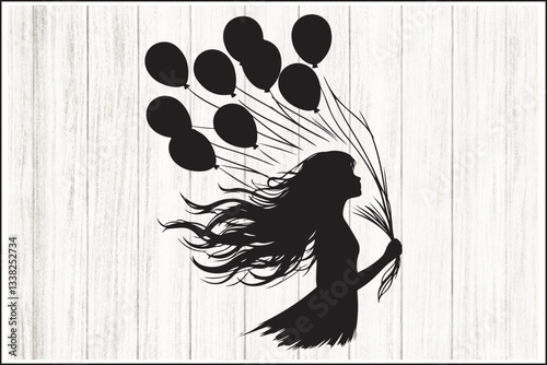 Girl Holding Balloons Silhouette Set