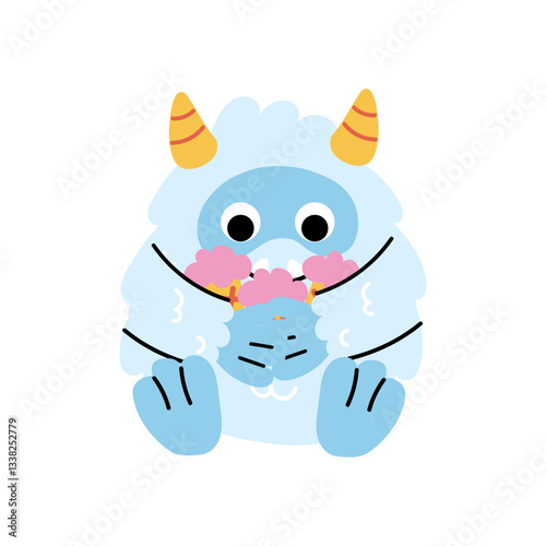 Cute cartoon snow yeti in eating ice cream pose. Funny character participate in winter activities. New Year and Christmas, winter holidays. Adorable furry monster sticker