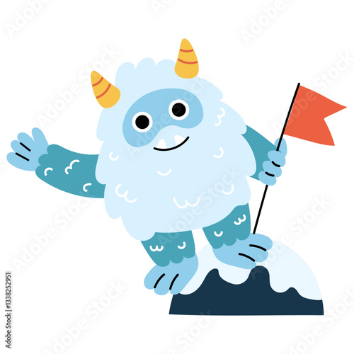 Cute cartoon snow yeti in holding a flag pose. Funny character participate in winter activities. New Year and Christmas, winter holidays. Adorable furry monster sticker