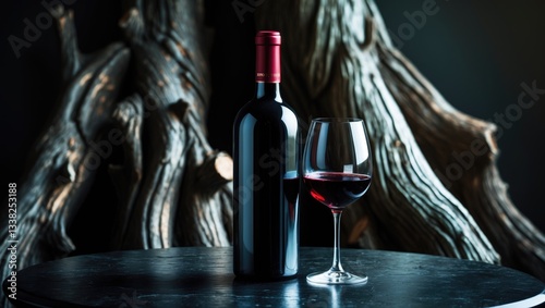 Bottle and glass of red wine placed on a black stone table, with an aged, weathered snag in the background. Frontal perspective featuring copy space.