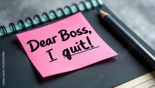 Bright pink sticky note on a dark notebook page with handwritten text 