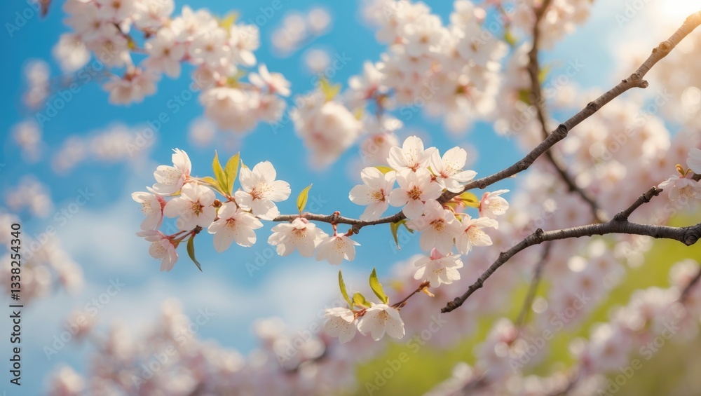 Branch of cherry blossom flower blooming with copy space. Closeup view of cherry blossom flower against a blue sky backdrop. Branch of cherry blossom flower blooming with copy space. Closeup view of cherry blossom flower against a blue sky backdrop.