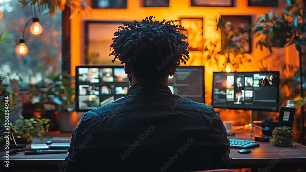 Person working at a desk surrounded by plants and warm lighting, editing videos on multiple screens Person working at a desk surrounded by plants and warm lighting, editing videos on multiple screens