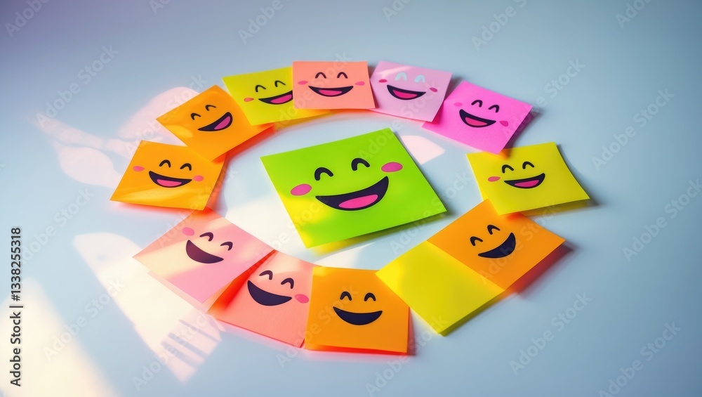 Emoji displaying a cheerful emotion, smile icon arranged on sticky notes Emoji displaying a cheerful emotion, smile icon arranged on sticky notes