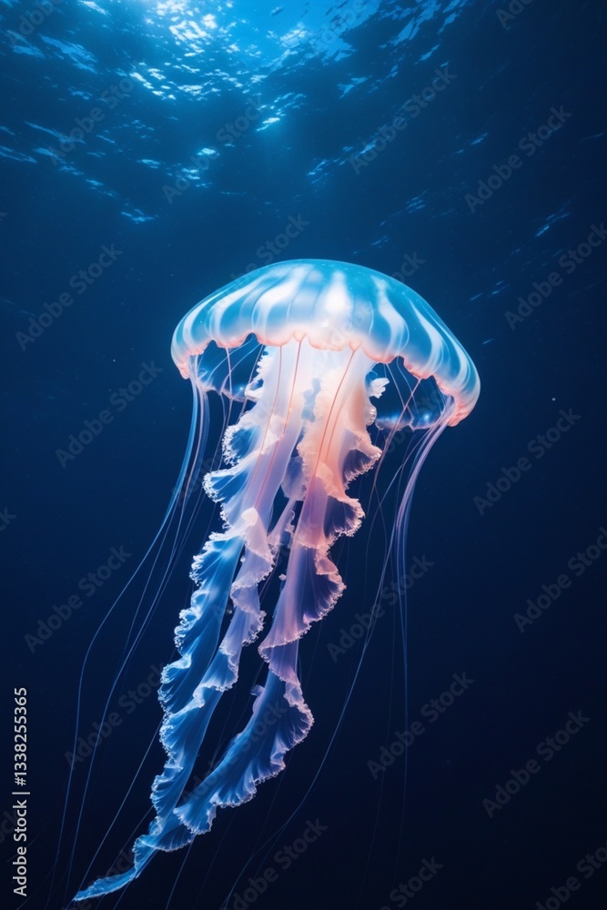 Naklejka premium A fluorescent Jellyfish in the deep blue ocean