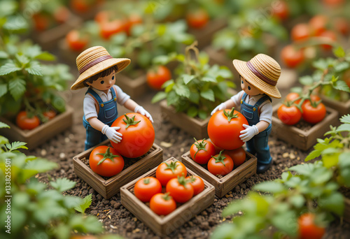 Surreal miniature farming scene with tiny farmers harvesting giant tomatoes. Generative AI.