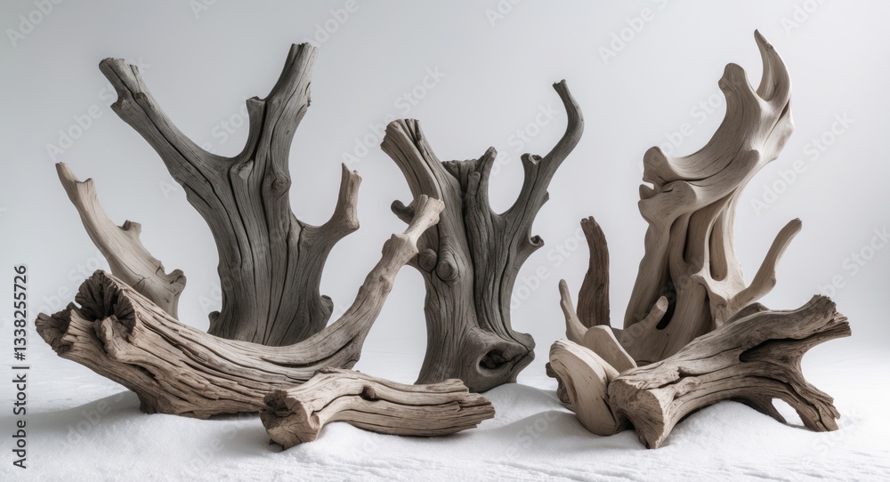 Fototapeta premium Various textured driftwood pieces on white background. Isolated. Cutout.