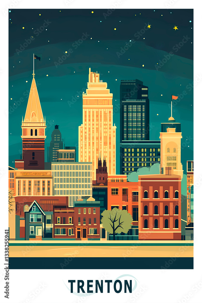 Fototapeta premium Trenton USA, New Jersey state illustrated poster in retro style. Vintage travel booklet, postcard, print, cover with urban skyline, skyscrapers