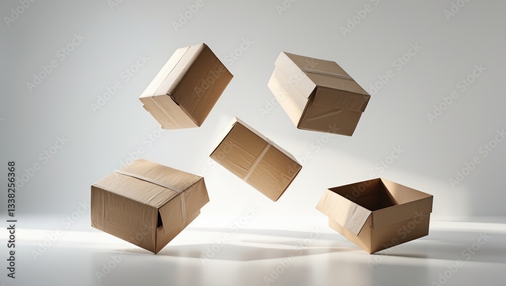 Fototapeta premium five floating closed cardboard boxes on a white isolated backdrop