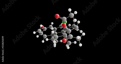 Cyproterone acetate molecule, rotating 3D model of androgen antagonist, looped video on a black background
