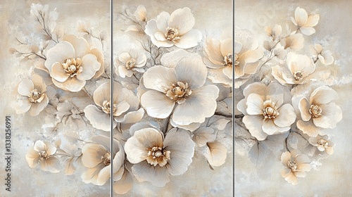 Three-panel wall art featuring elegant flowers in a beige and white color palette
