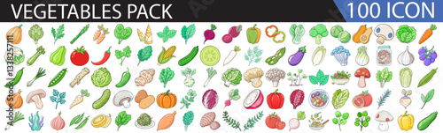 Vegetables Icon Set – 100 Colorful Flat Design Vegetable Icons for Healthy Food, Nutrition, and Eco Projects-A vibrant collection of 100 colorful flat design vegetable icons, perfect for food, health,