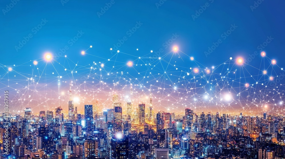 Obraz premium City at night with interconnected network