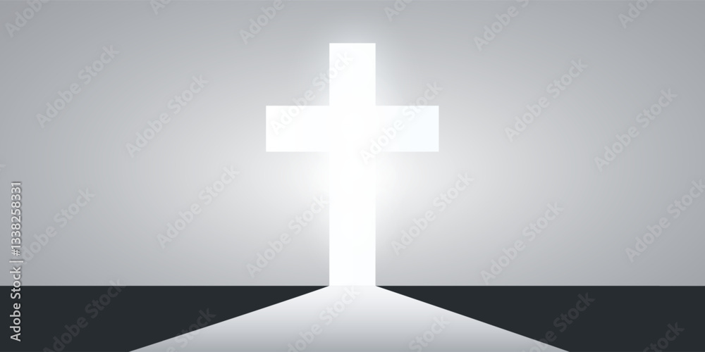 Obraz premium Christian Cross Symbol and Light at the End of the Road - Sign of Crucifix, Easter, Purity, Faith, Baptism, Holy Spirit, Evangelization and Resurrection - Grey Background with Bright Rays of Light