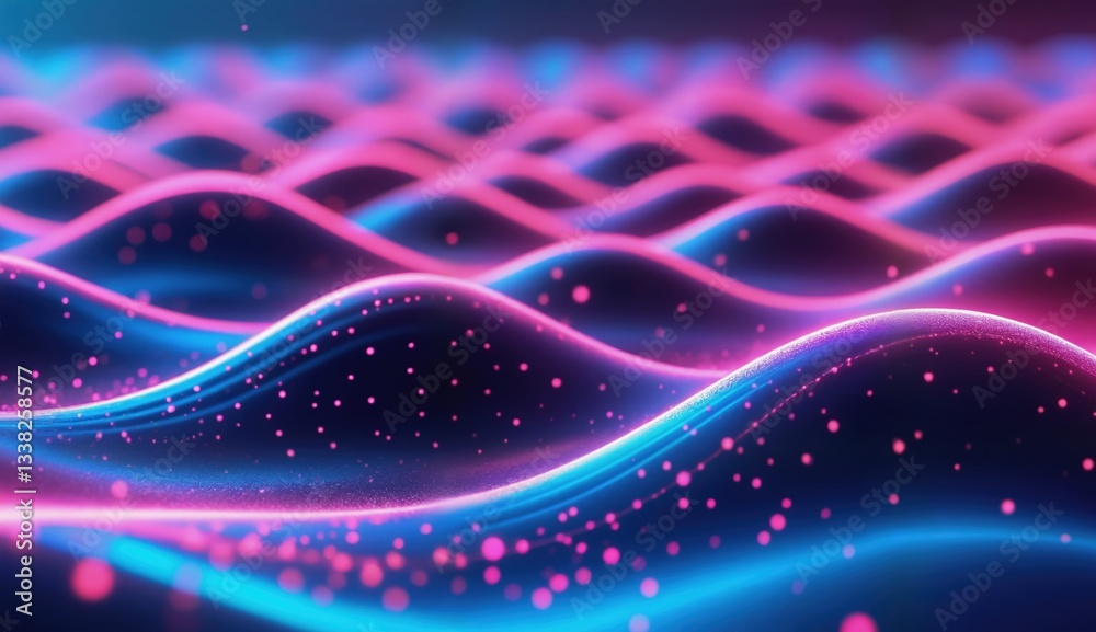 Obraz premium A dynamic, abstract digital landscape featuring undulating waves of dark, textured material illuminated by vibrant neon lines in pink and cyan.