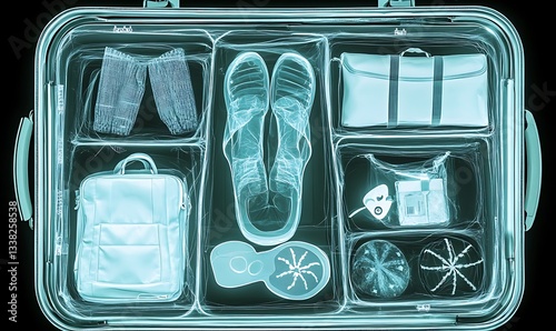Xray of a suitcase with summer holiday objects inside.